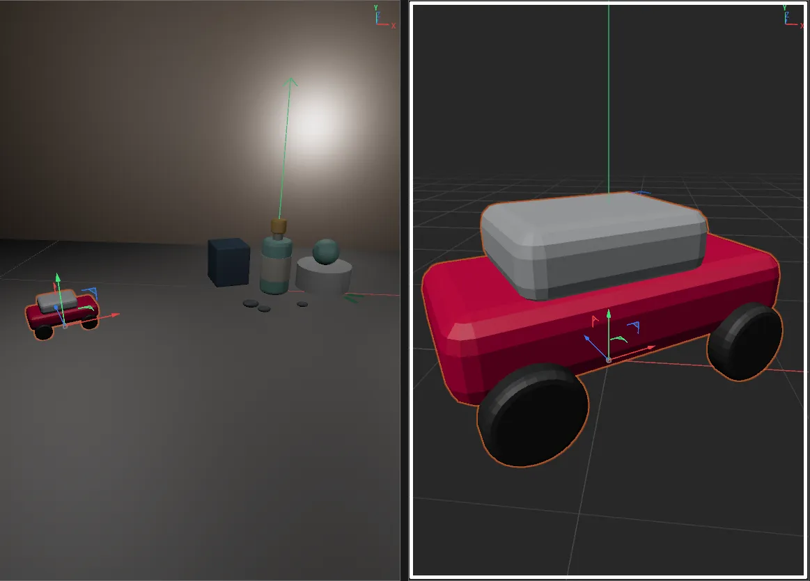 Before and after an Alt-click: a toy car parked away from the world origin is soloed, moved to 0, 0, 0 and framed in the viewport