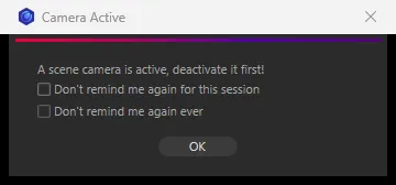 The Camera Active message: A scene camera is active, deactivate it first! with the two Don’t remind me again checkboxes and an OK button
