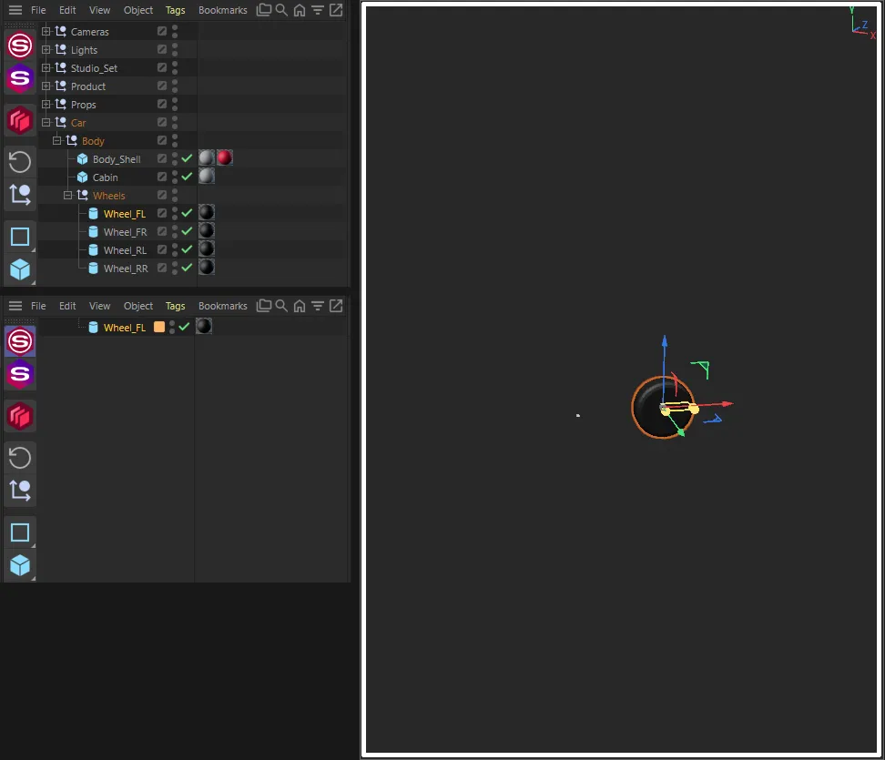 Soloing Wheel_FL inside Car > Body > Wheels: the Object Manager before the solo, the Object Manager during it listing only Wheel_FL, and the viewport showing the wheel in place