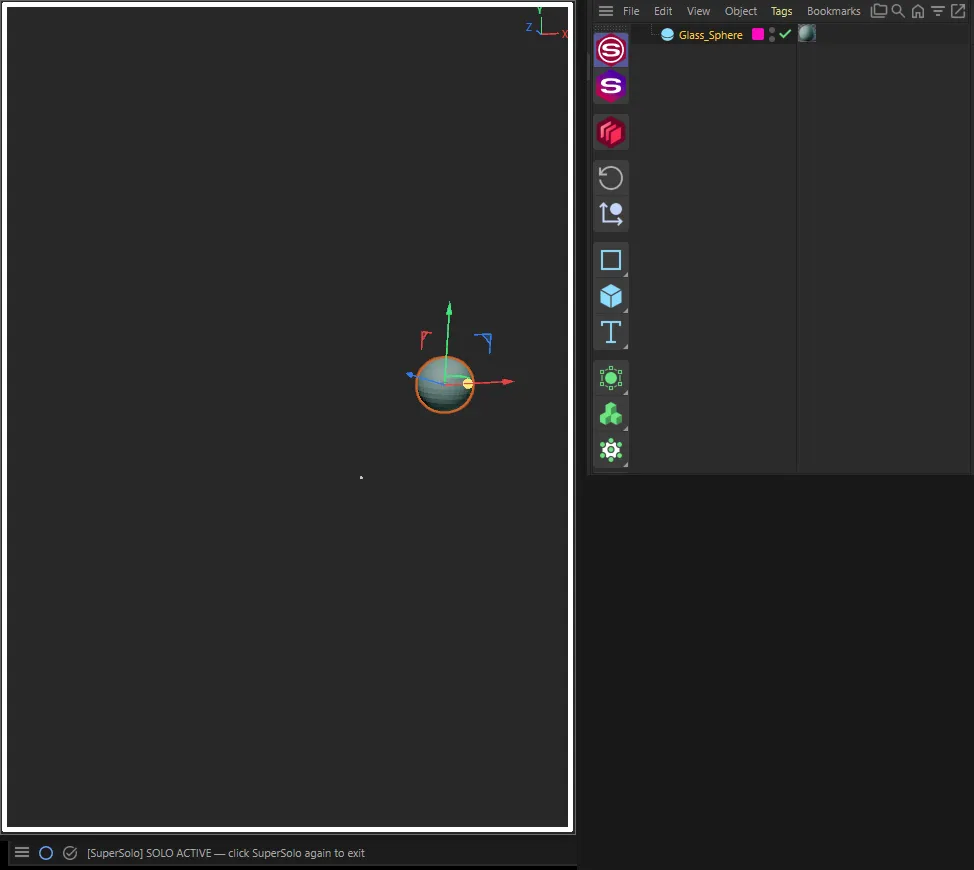 Mid-solo: the viewport shows only the soloed sphere inside a white border, the Object Manager lists only that sphere, and the status bar reads SOLO ACTIVE — click SuperSolo again to exit