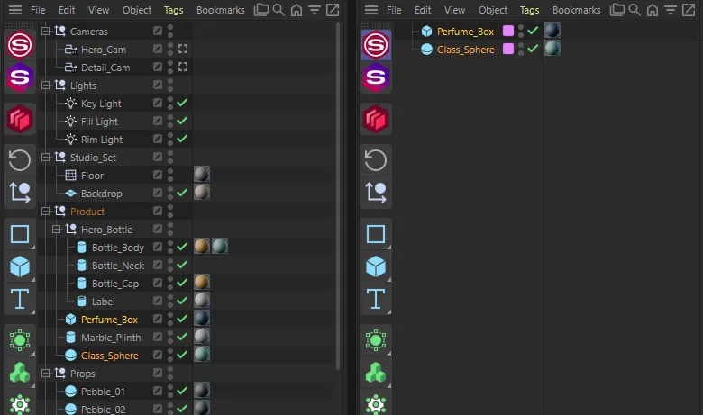The Object Manager before a full solo, with cameras, lights, a studio set and nested product nulls, and after it, listing only the two soloed objects