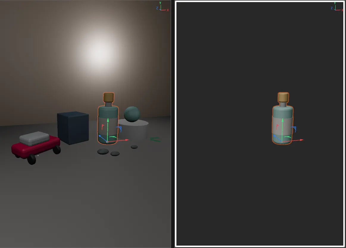 A still-life scene in the viewport before and after a SuperSolo click: on the right only the selected bottle remains, on the solo background colour with a white border round the view