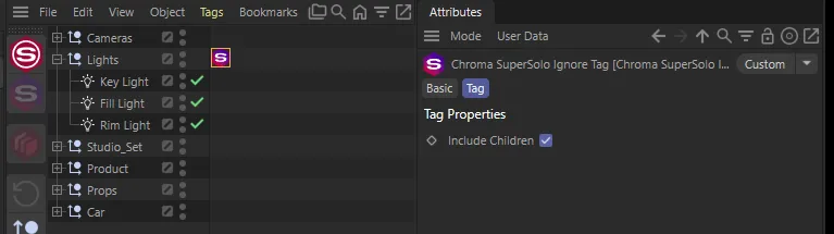 A Chroma SuperSolo Ignore Tag on the Lights null, selected, with Include Children ticked in the Attribute Manager
