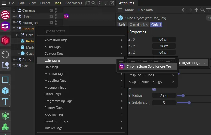 The Object Manager right-click menu open at Extensions, with Chroma SuperSolo Ignore Tag highlighted in the Chroma tags submenu