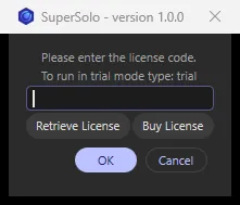 The aescripts licence window for SuperSolo version 1.0.0, asking for the licence code, with Retrieve License, Buy License, OK and Cancel