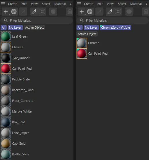 The Material Manager before a solo, with twelve materials, and during a solo of the car body, showing only its Chrome and Car_Paint_Red materials
