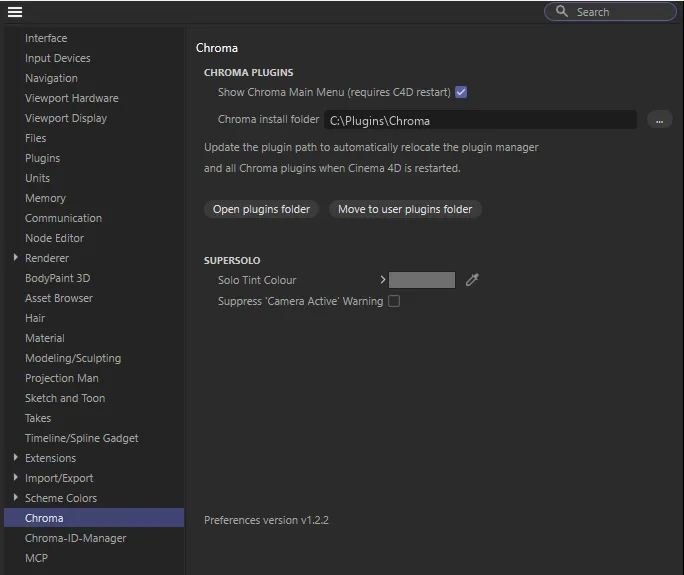 Edit > Preferences > Chroma, showing the SuperSolo section with Solo Tint Colour and Suppress ‘Camera Active’ Warning
