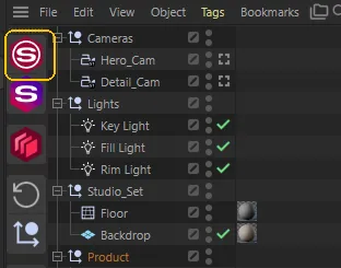 The SuperSolo button, a red hexagon with an S, docked in a palette beside the Object Manager